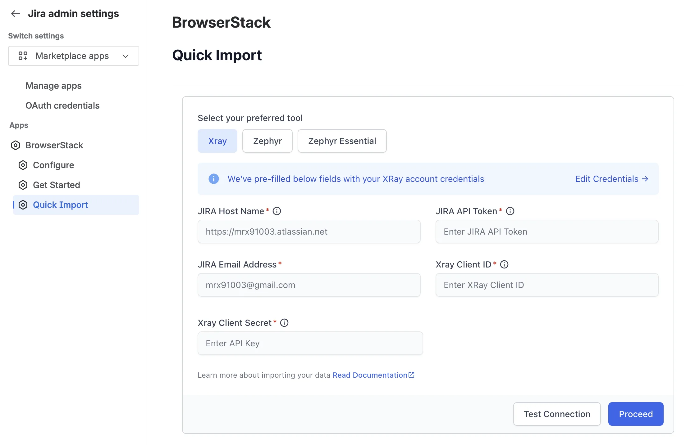 The Xray connection form in Quick Import, with fields for the Jira and Xray credentials