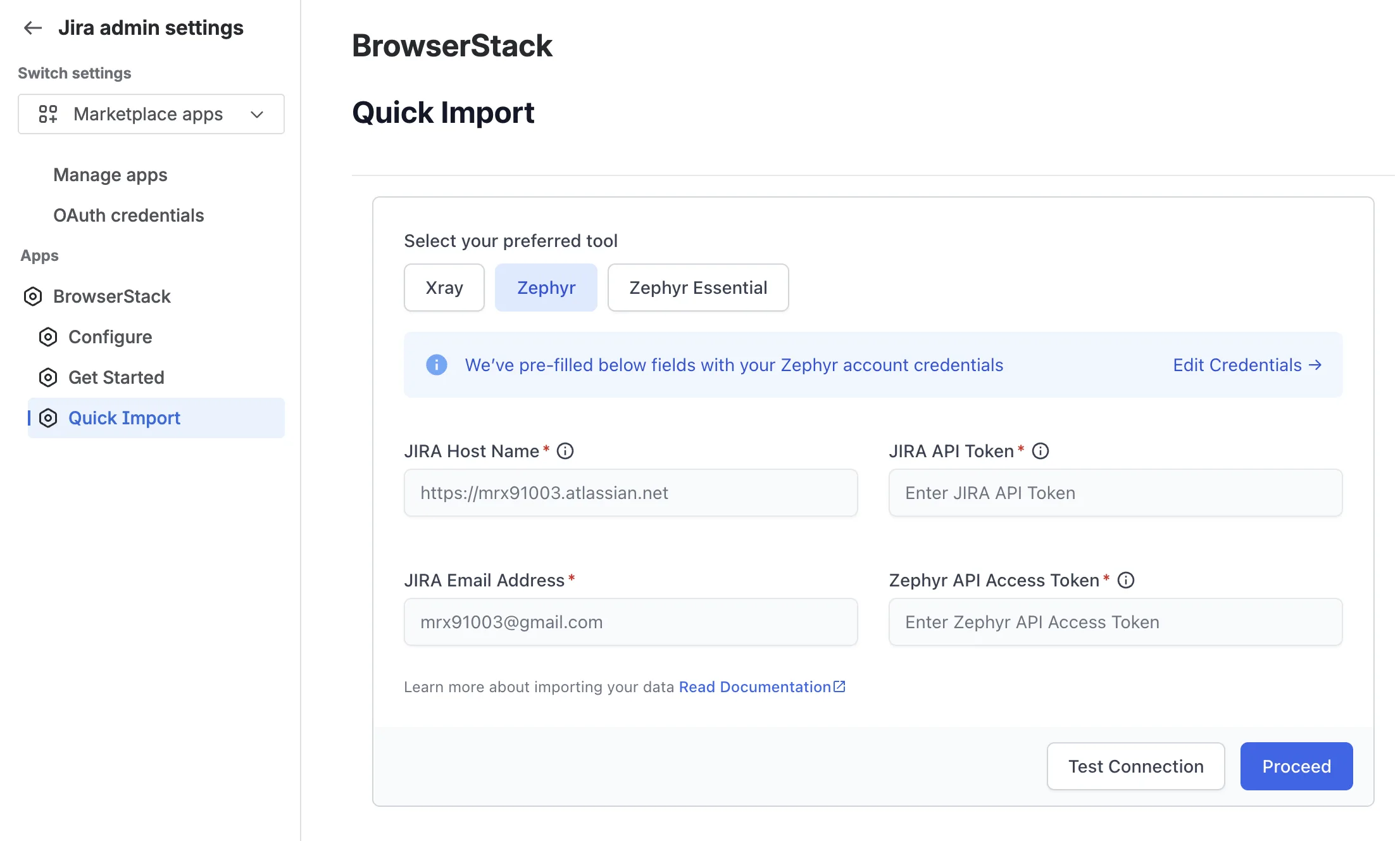 The Zephyr connection form in Quick Import, with fields for the Jira and Zephyr credentials