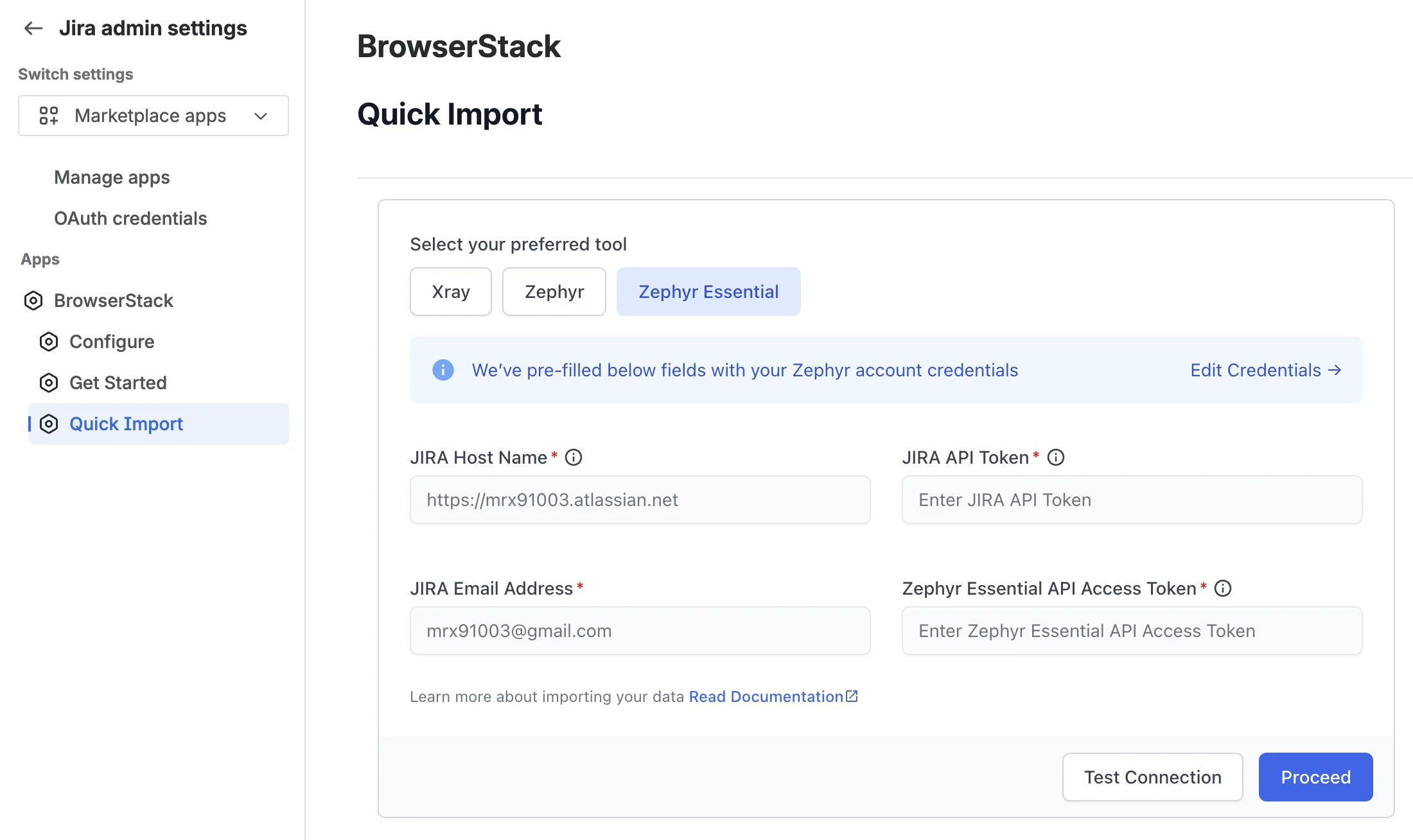 The Zephyr Essential connection form in Quick Import, with fields for the Jira and Zephyr Essential credentials