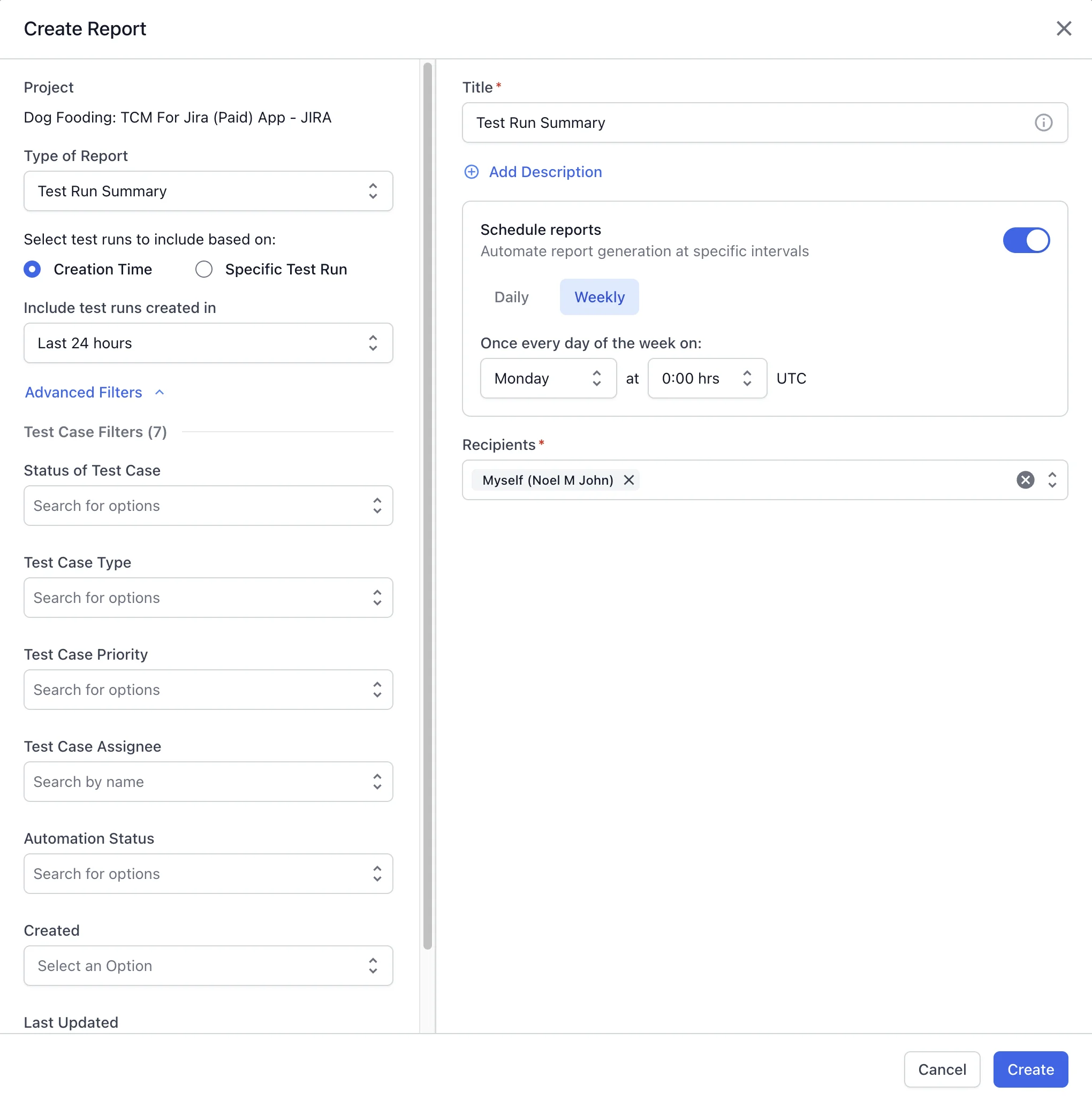 The Advanced Filters panel in the Create Report window listing the test case filters