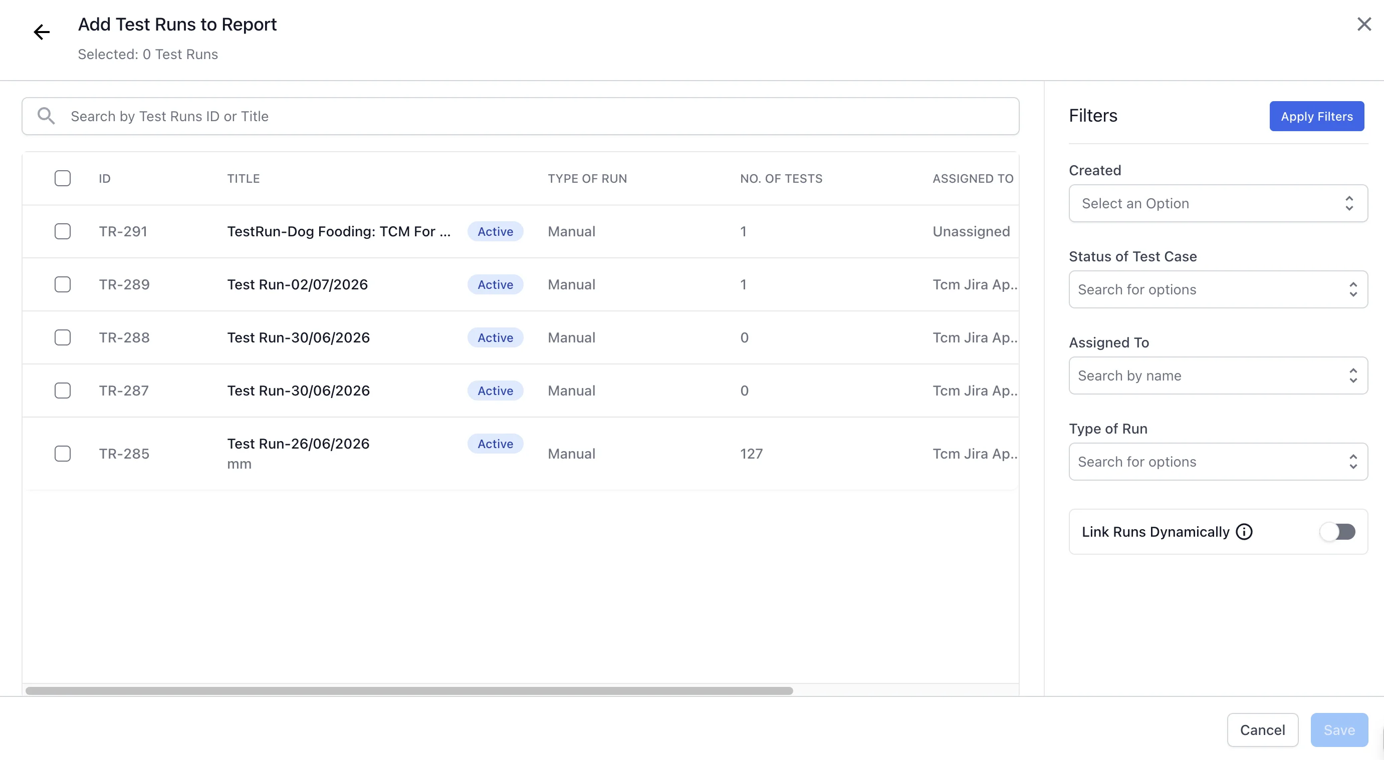 The Add Test Runs to Report picker listing runs with status and test count, next to a filters panel