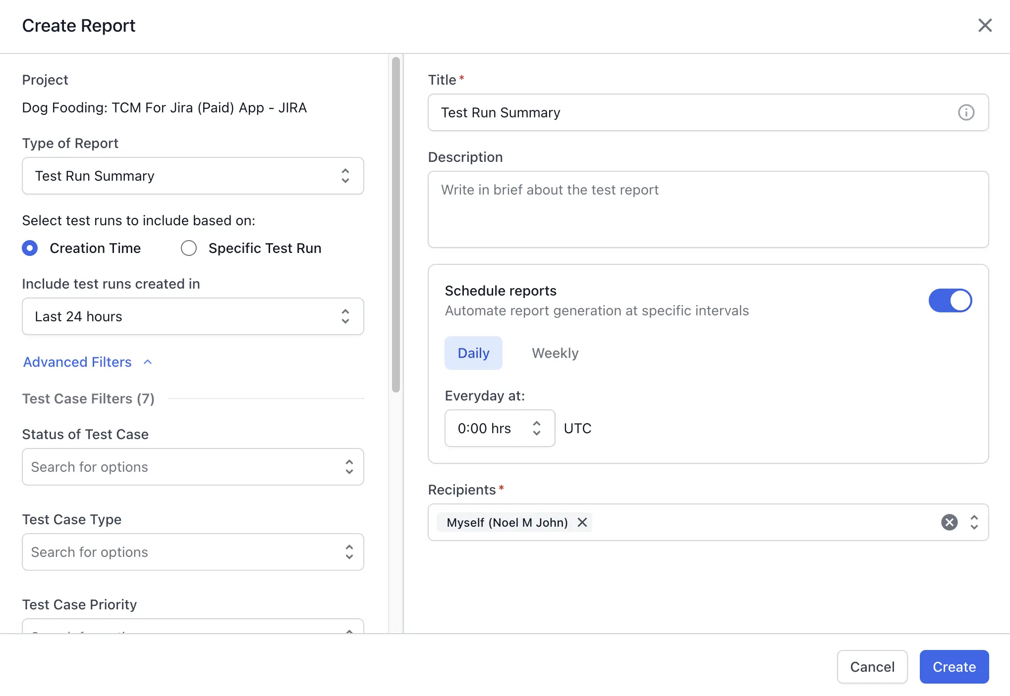 The Create Report window with the report type, include options, schedule, and recipients fields