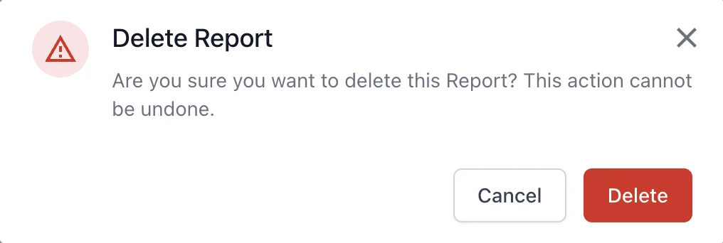 The Delete Report confirmation dialog warning that the action cannot be undone