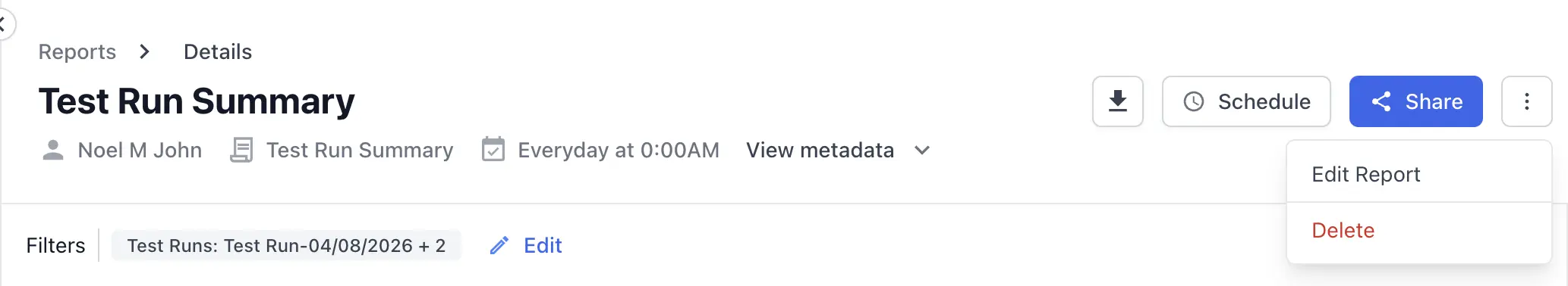 The report menu with the Edit Report and Delete options