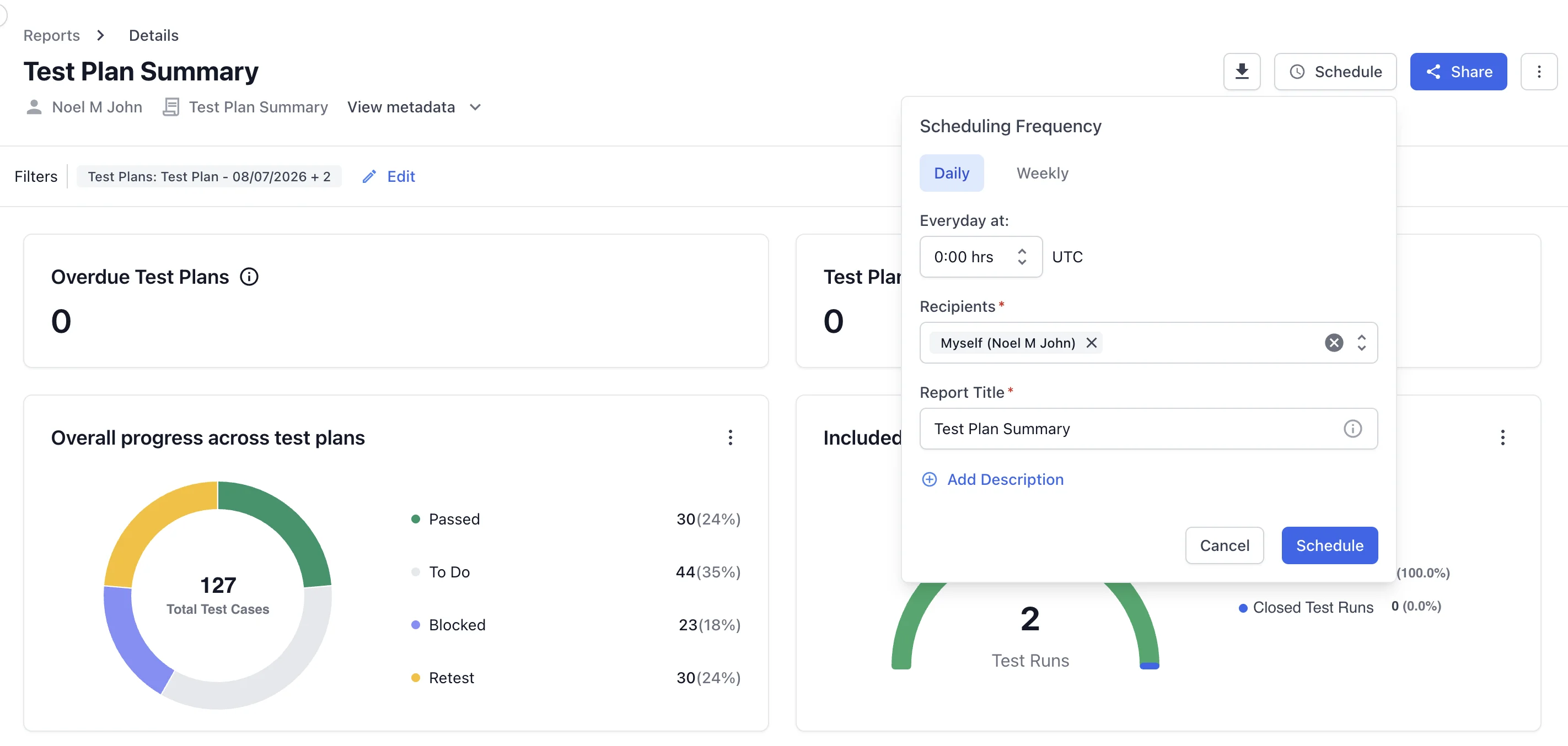 The Scheduling Frequency dialog with Daily and Weekly options, recipients, and report title