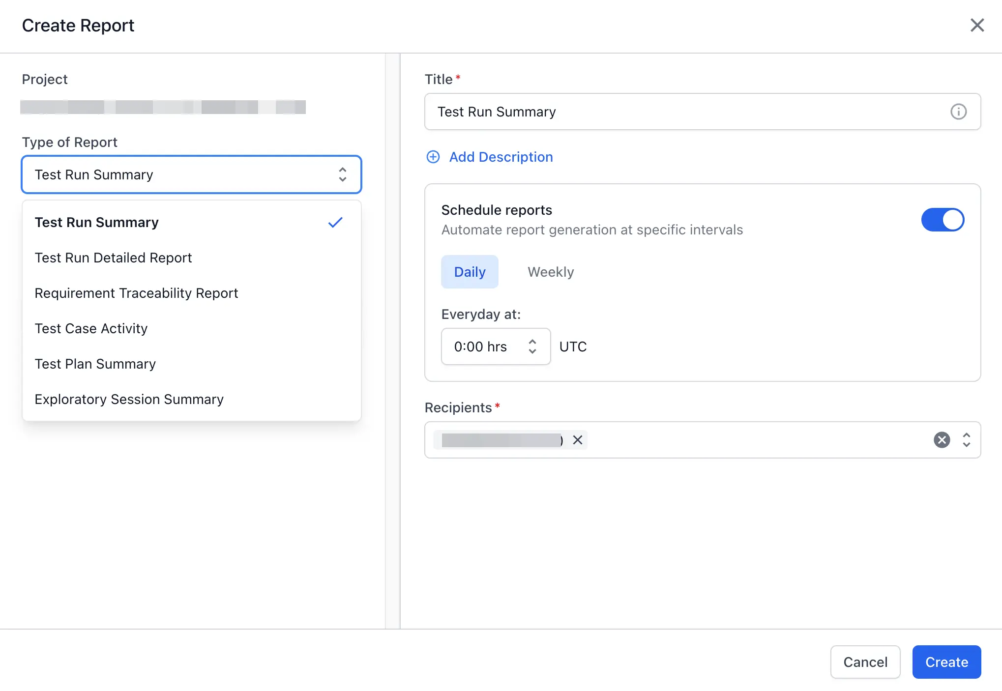 The Type of Report dropdown listing all six report types