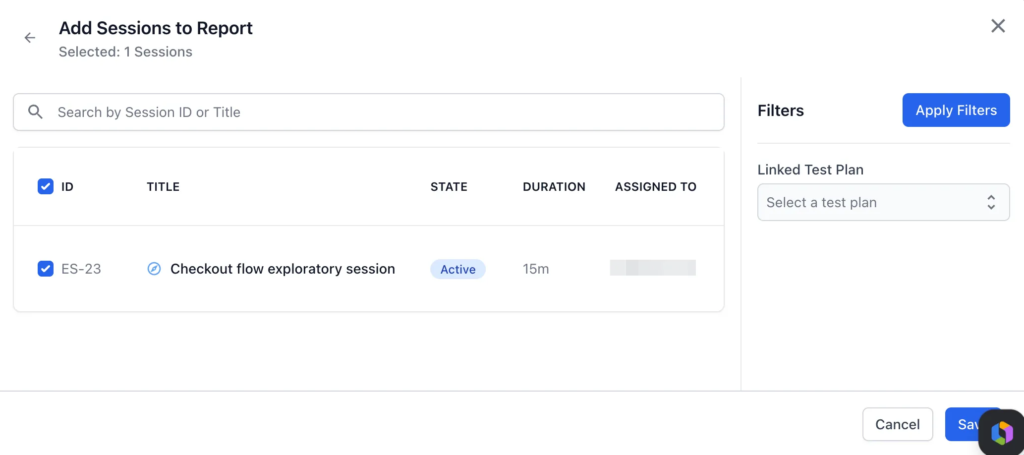 The Add Sessions to Report picker listing sessions with state and duration, next to a Linked Test Plan filter