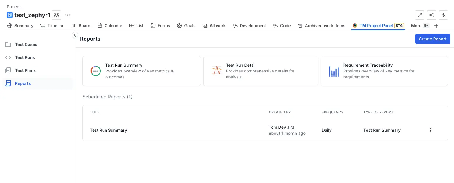 On reports dashboard click create report