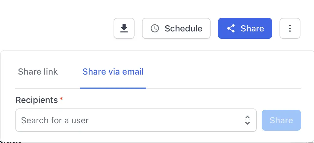 The Share via email tab with a Recipients search field and a Share button