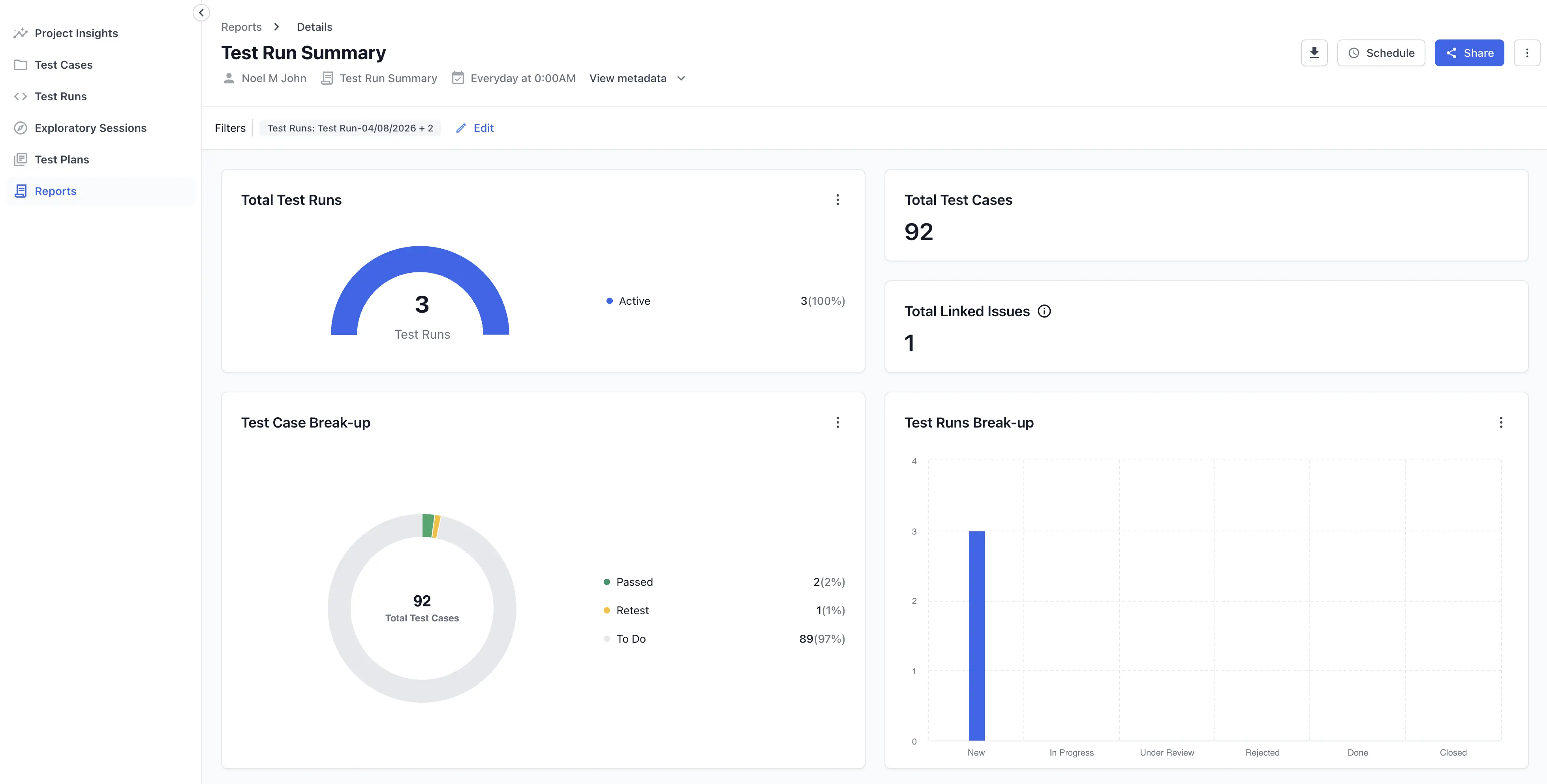 The test run detailed report with the performance trend, run totals, and per-test-case results