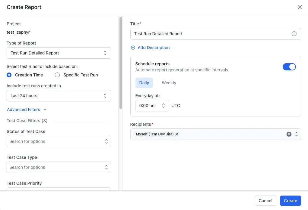Enter all the required and relevant fields in the Schedule Report window