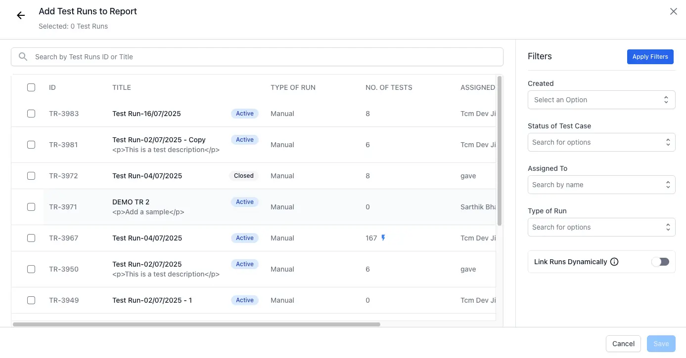 Select specific or all test runs, enter the filter criteria, and enable the "Link Runs Dynamically" toggle to include future test runs