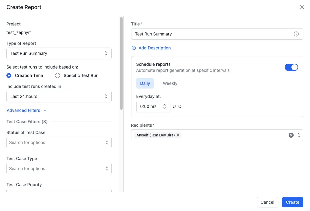 Enter all the required and relevant fields in the Schedule Report window