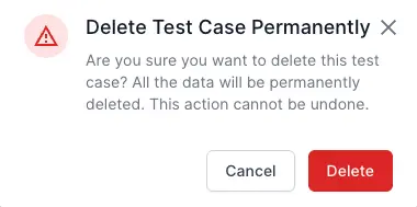 The Test case delete confirmation pop-up highlighting the Delete button