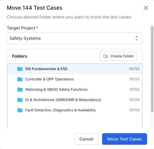 Select the destination folder for test cases