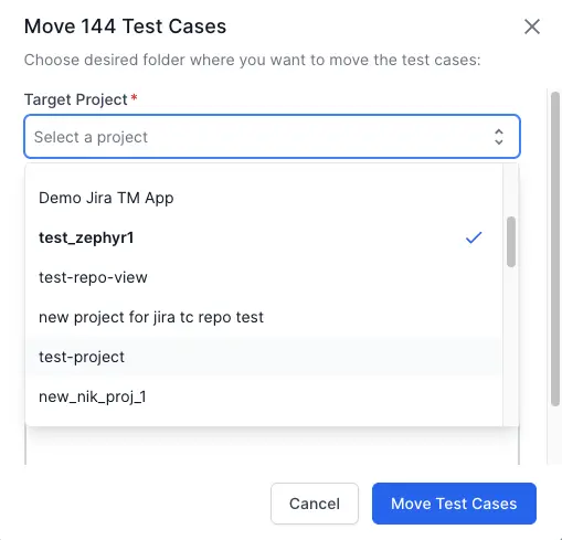 Choose the destination project in the Target Project field