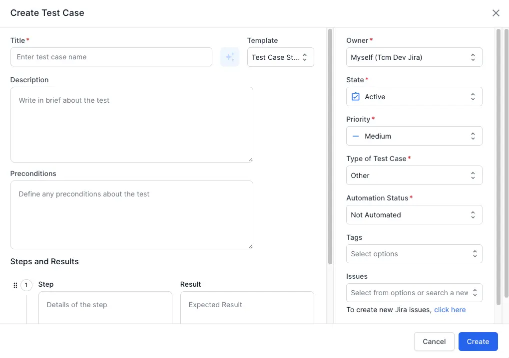 Select a test case template from the dropdown