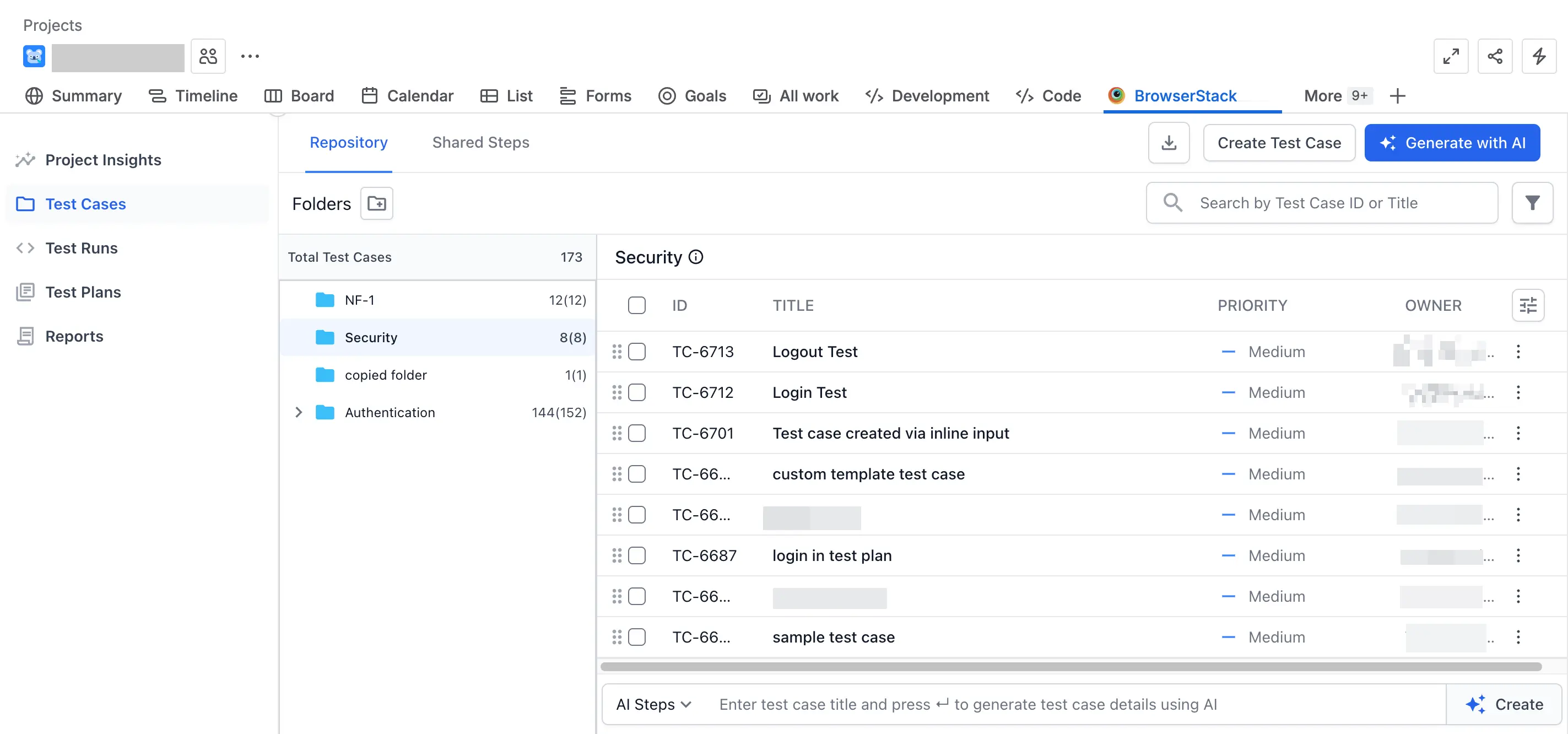 Select edit options for a test case