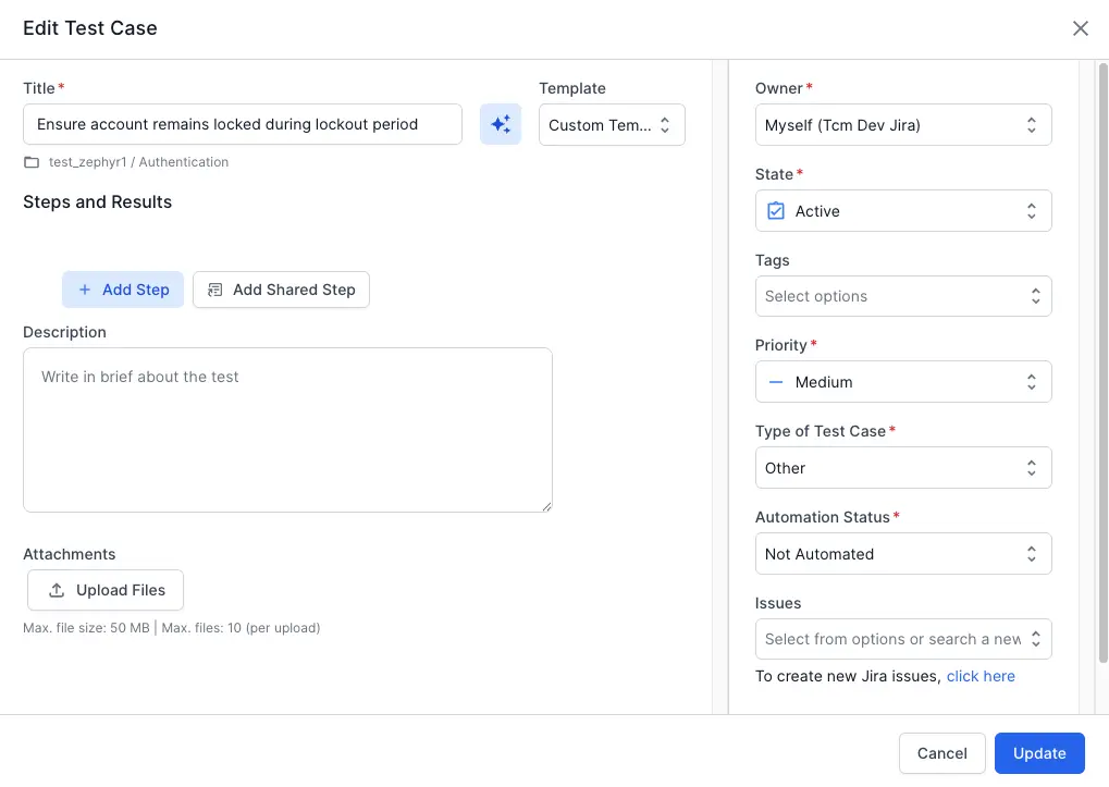 Editing and updating details of a test case