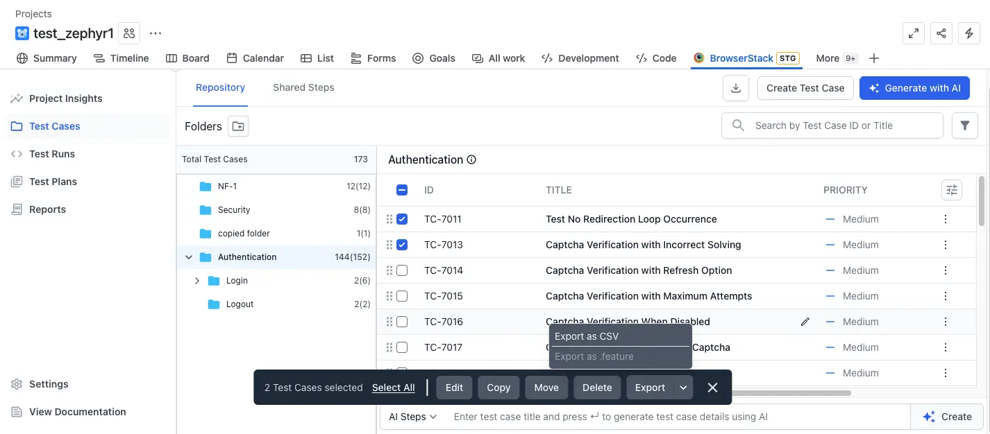 Select a format to export test cases