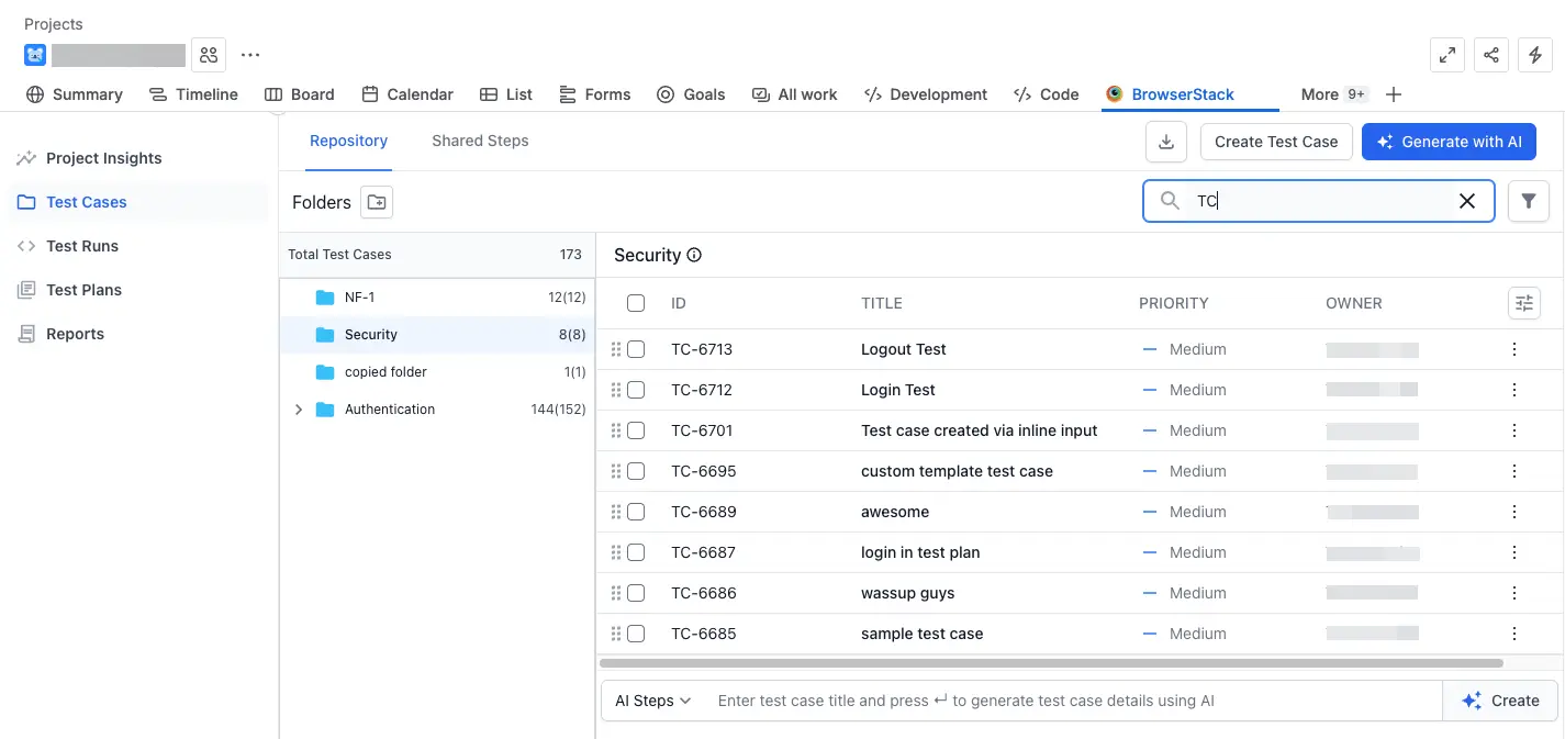 Search test cases with a keyword in search bar