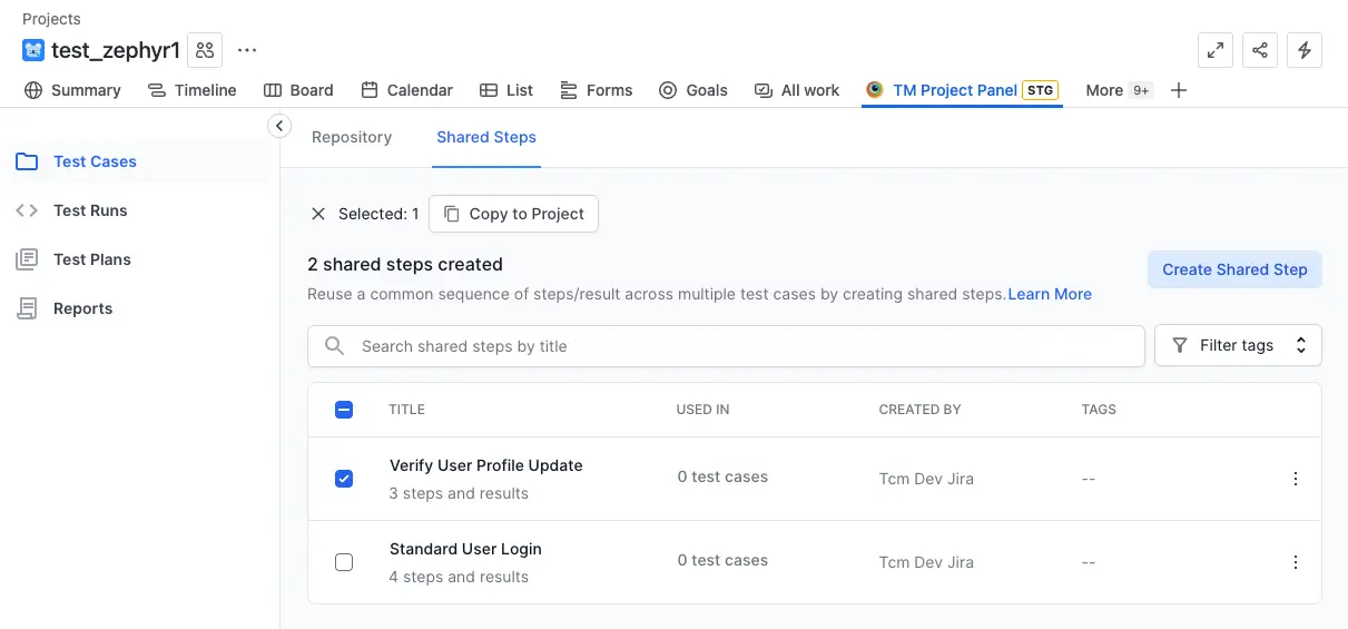 Click the copy to project button after selecting the shared steps you want to copy