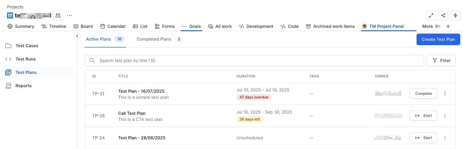 Test plan dashboard