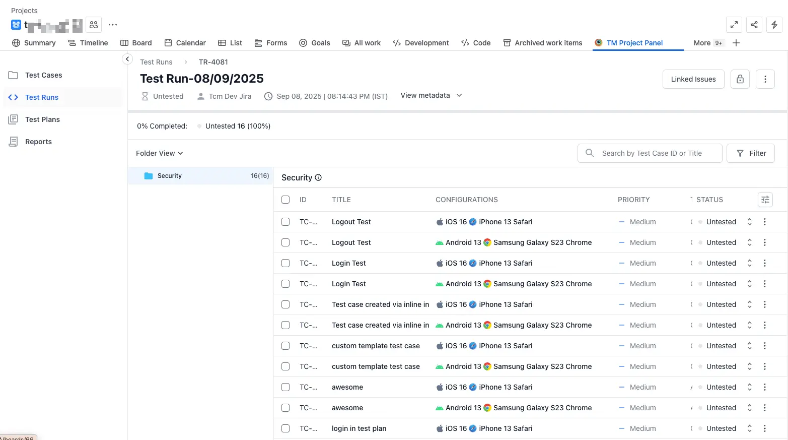 This is an example of a test run with its test cases and configurations