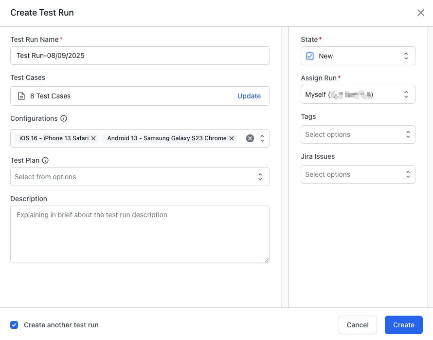 Click the configurations field in the test run dialog