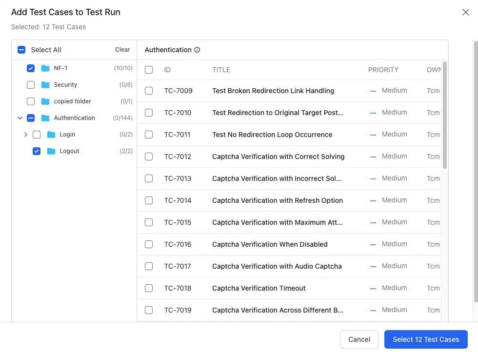 Click checkboxes against the required Test Cases