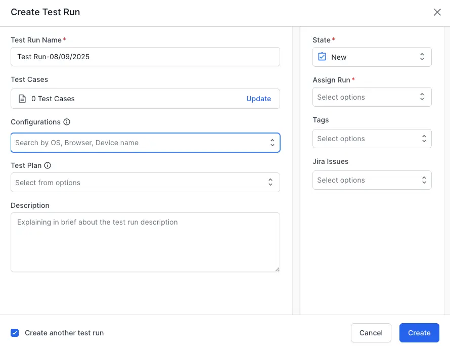 Enter the required parameters in the test run window