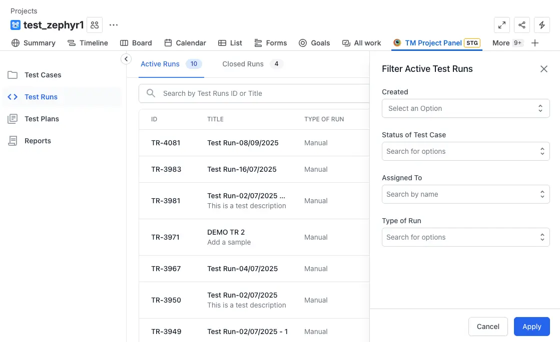 Enter the required fields to filter the test run