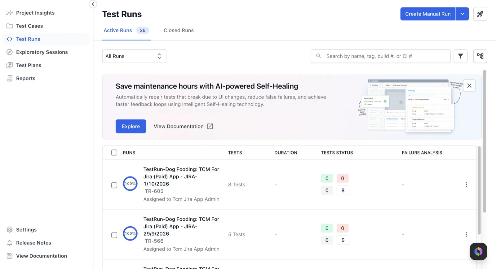 The Test Runs tab in Test Management for Jira with the Active Runs list and the Closed Runs tab.
