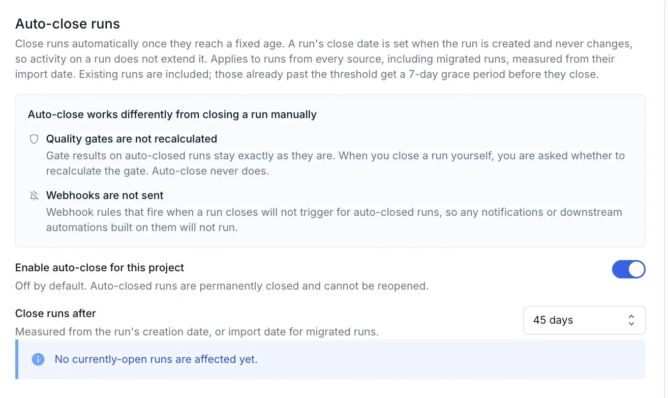 The Auto-close runs section with the project toggle turned on and Close runs after set to 45 days