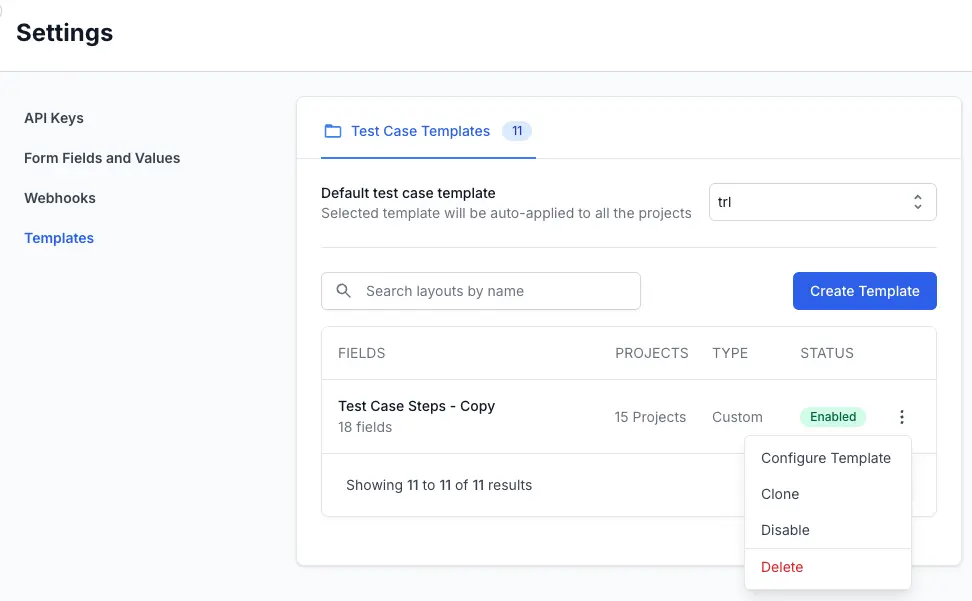 Select the template from the dropdown menu