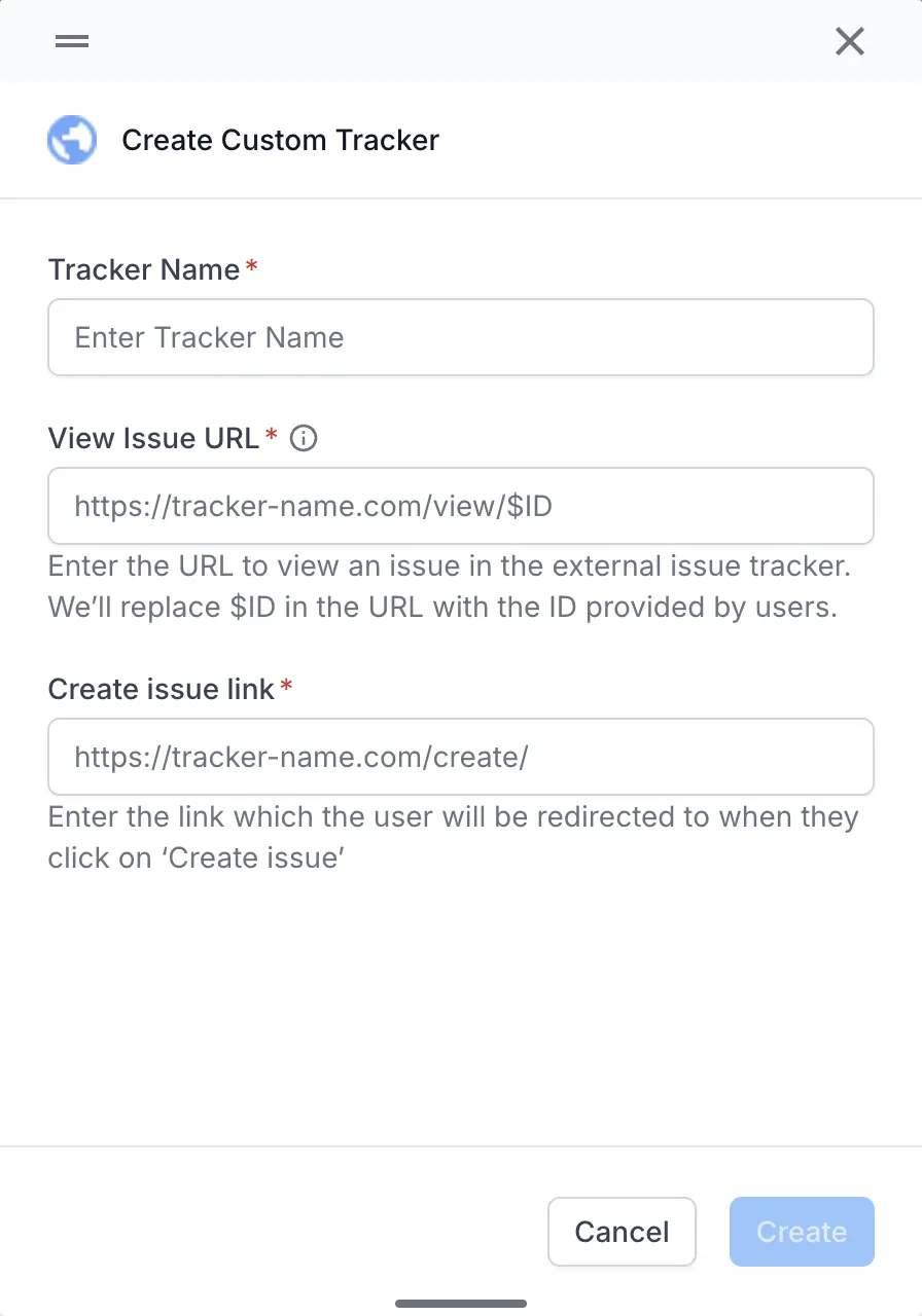 The Create Custom Tracker form with the Tracker Name, View Issue URL, and Create issue link fields
