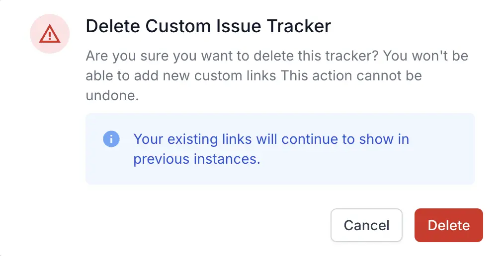 The Delete Custom Issue Tracker confirmation dialog stating that the action cannot be undone