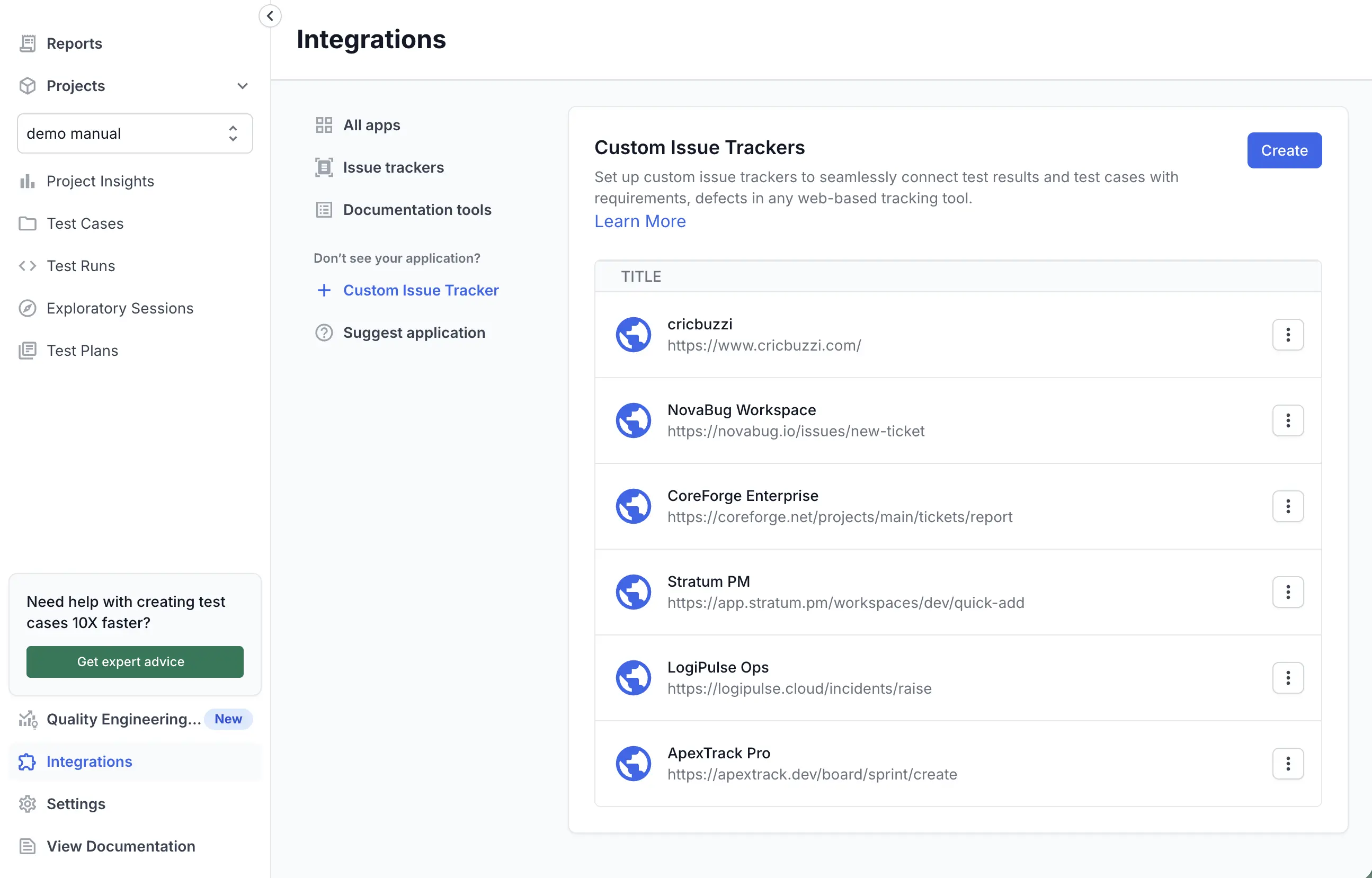 The Integrations page with Custom Issue Tracker listed under the Don't see your application heading