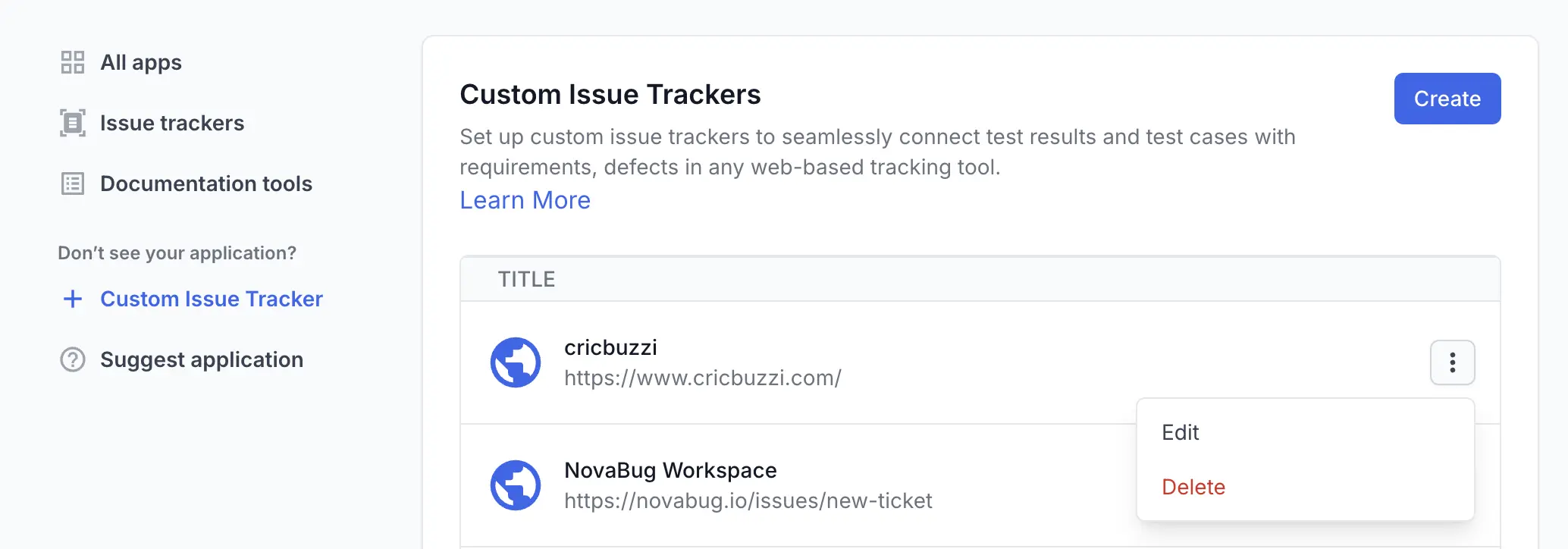 The Custom Issue Trackers list with the Edit and Delete actions open for a tracker