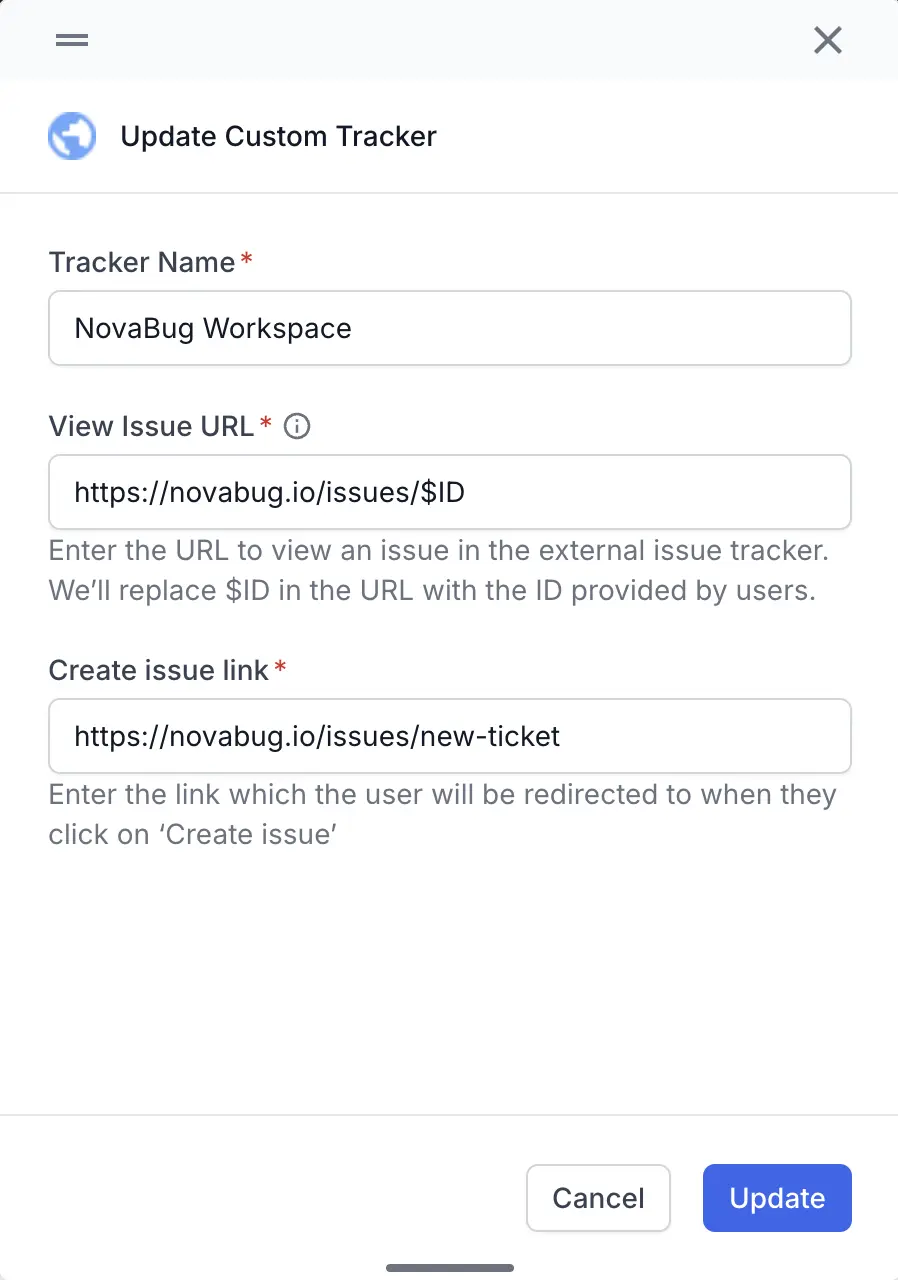 The Update Custom Tracker form with the Tracker Name, View Issue URL, and Create issue link fields