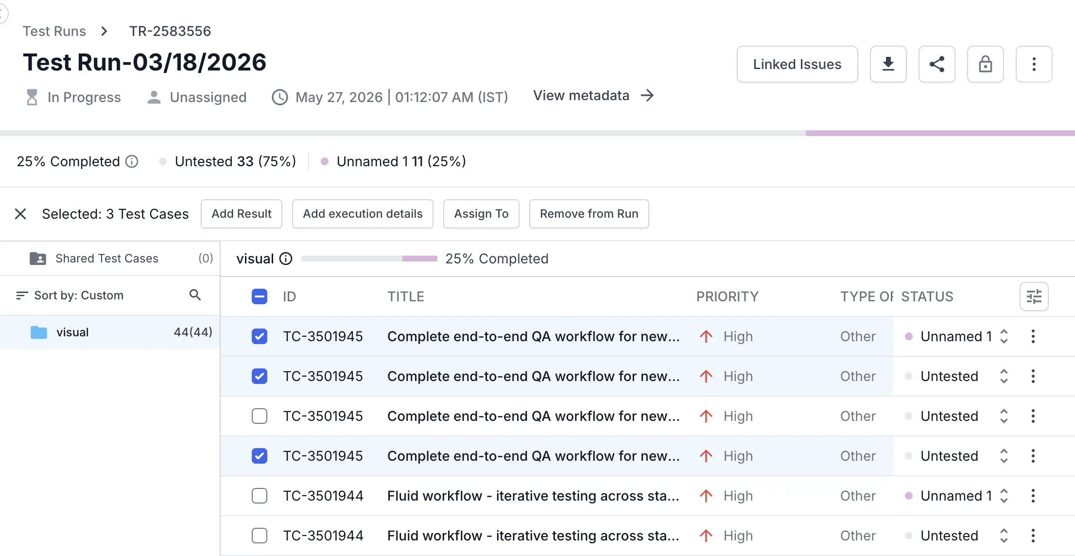 A test run with test cases selected and the Add Result button in the toolbar