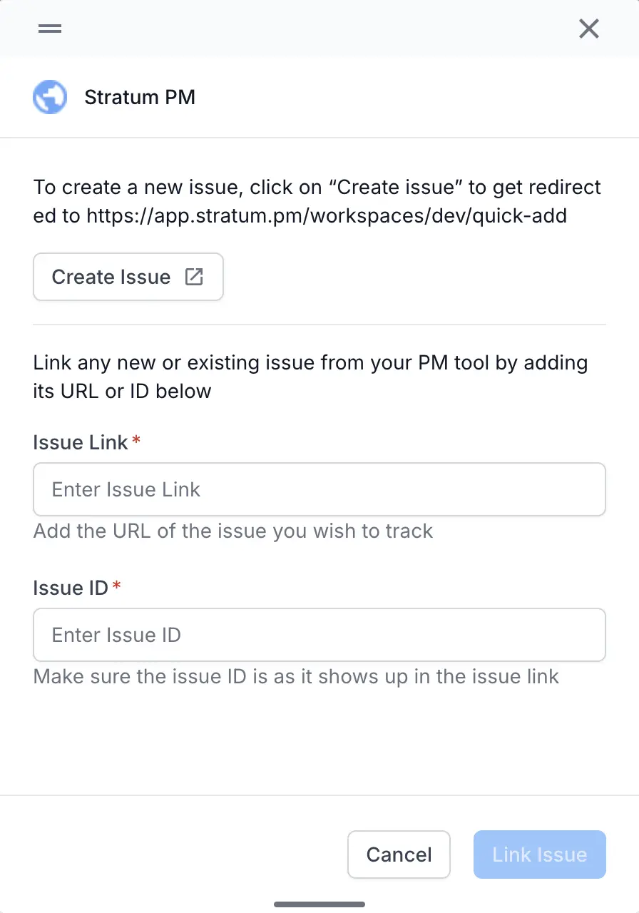 The custom tracker widget with a Create Issue button and the Issue Link and Issue ID fields