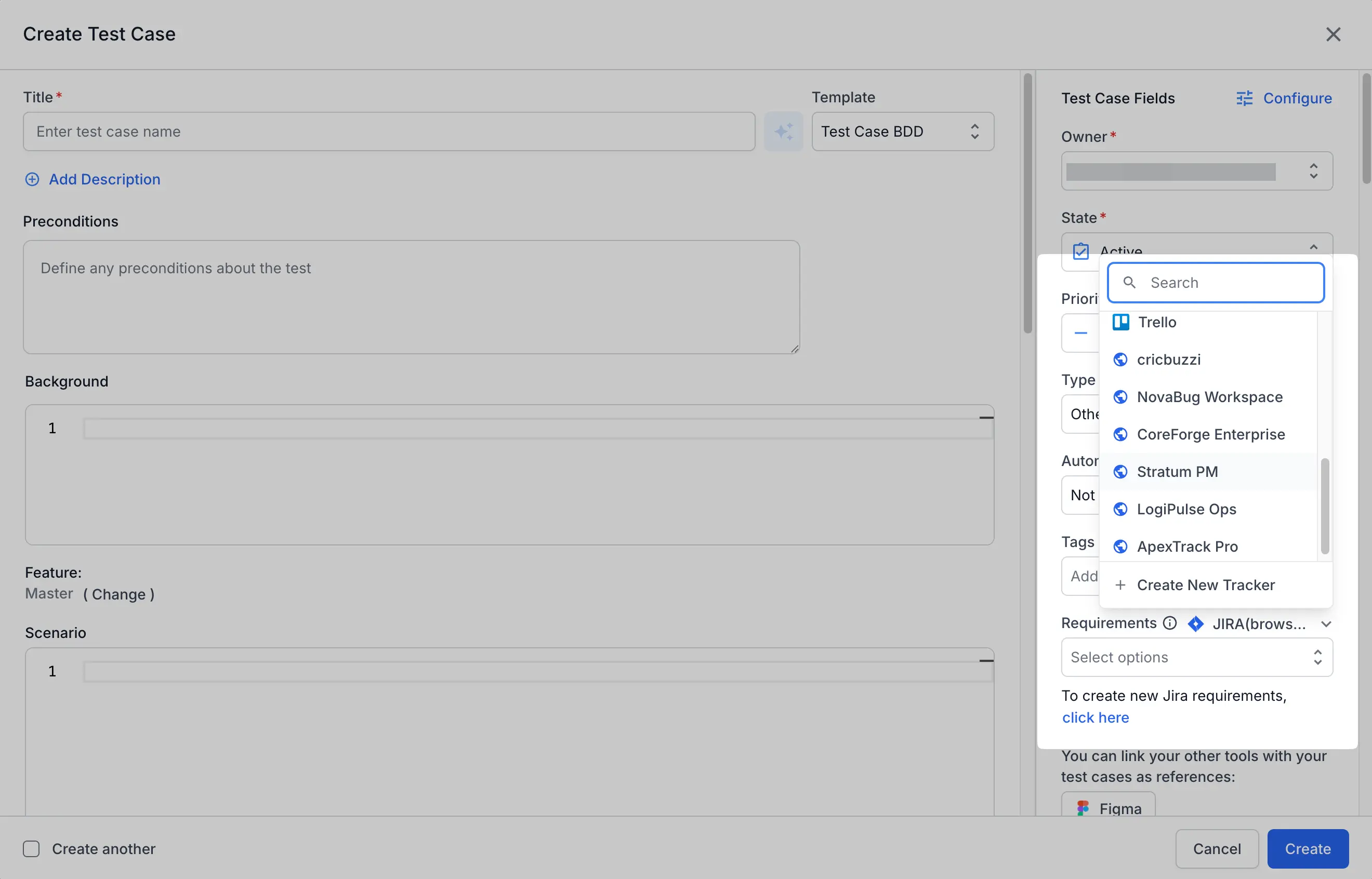 The Requirements field tracker dropdown in the test case form listing custom trackers alongside Create New Tracker