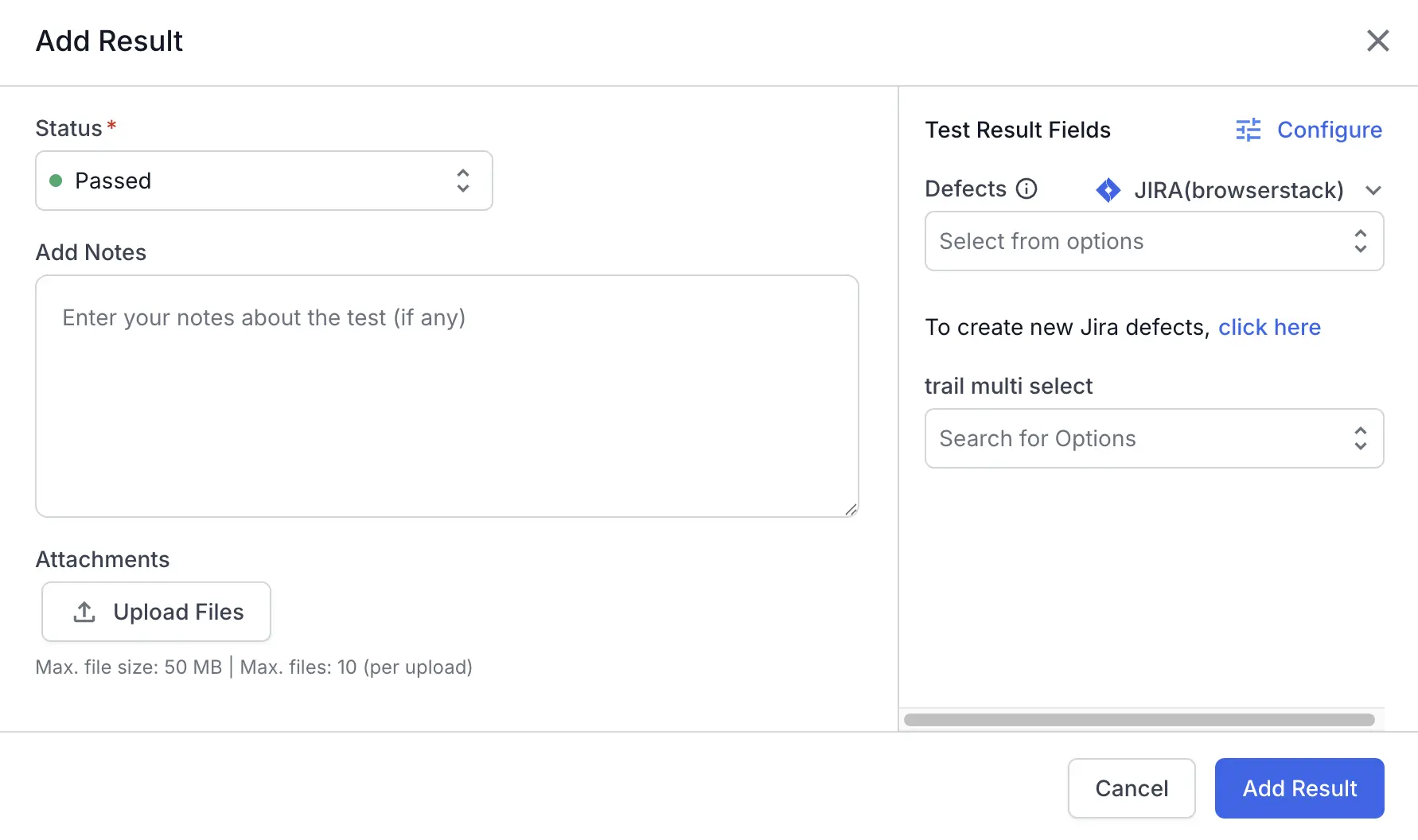 The Add Result form with the Defects field and its tracker dropdown