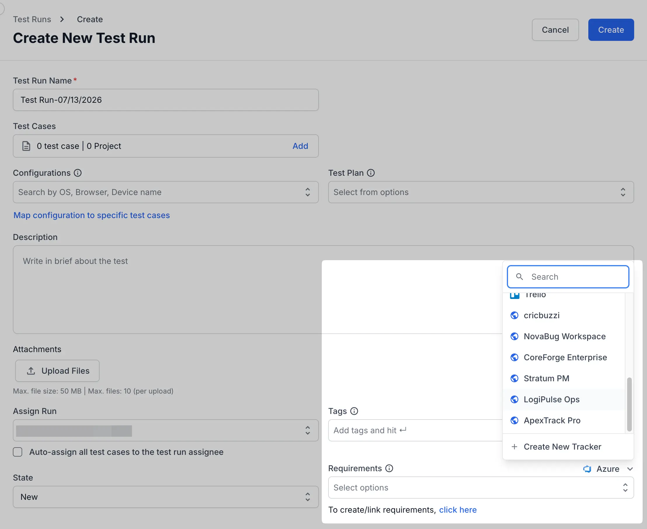 The Requirements field tracker dropdown in the test run form listing custom trackers alongside Create New Tracker