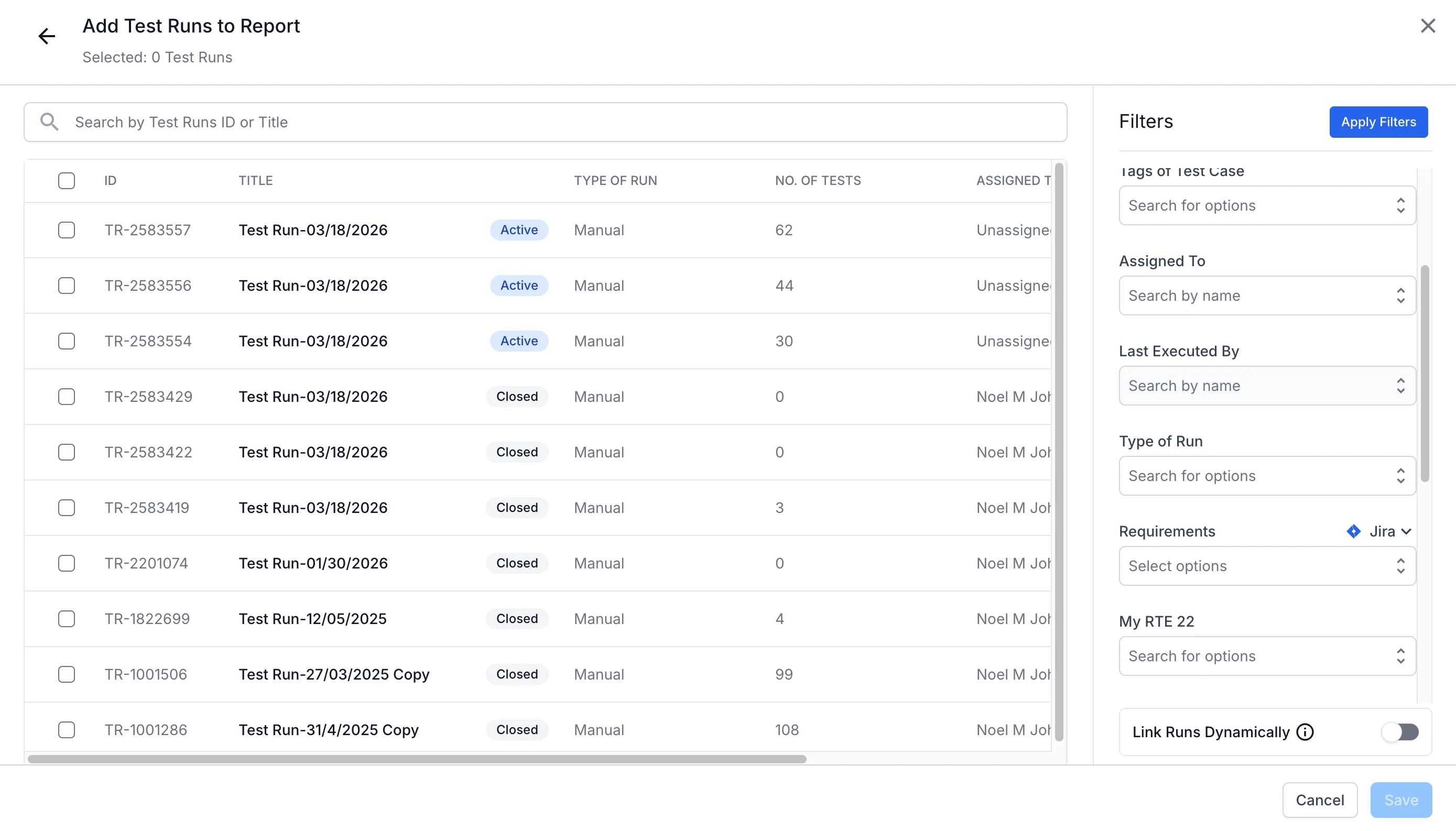 Add Test Runs to Report panel showing the Last Executed By filter under Test Case Filters in the Filters sidebar