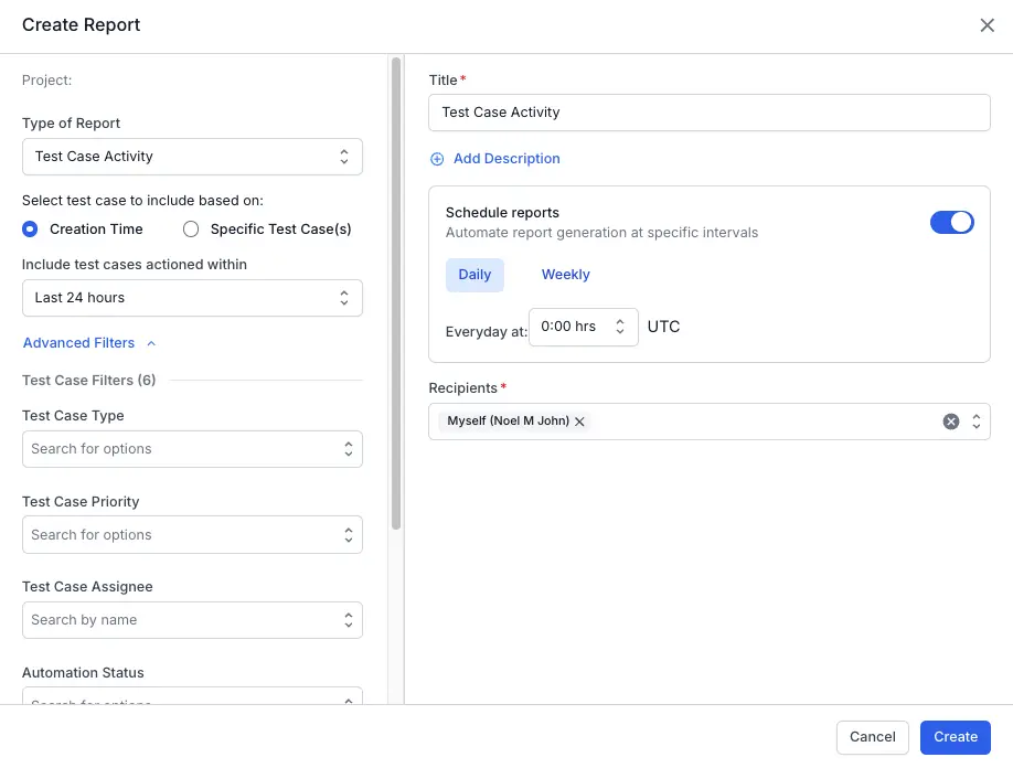 Enter all the required and relevant fields in the Schedule Report window