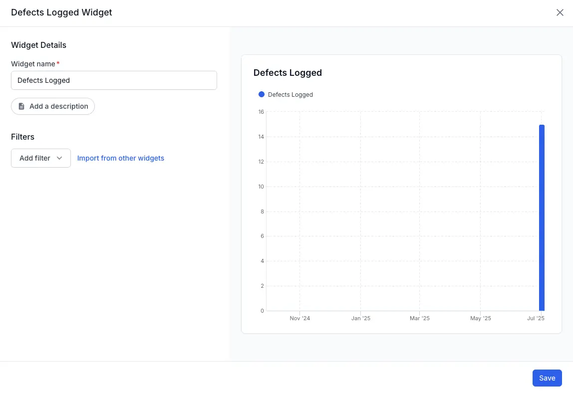 Shows summary of defects logged widget data and visualization