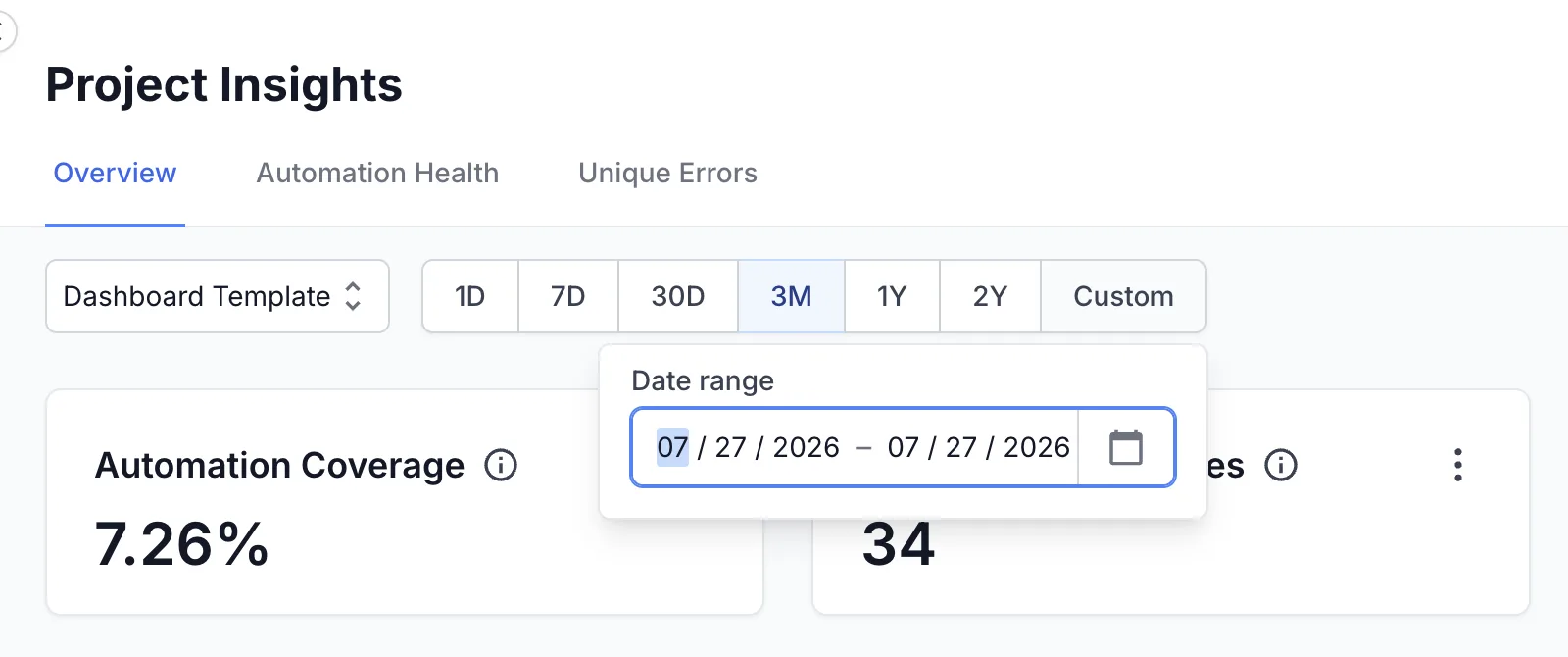 The Custom option selected on the time range presets, with the Date range picker open.