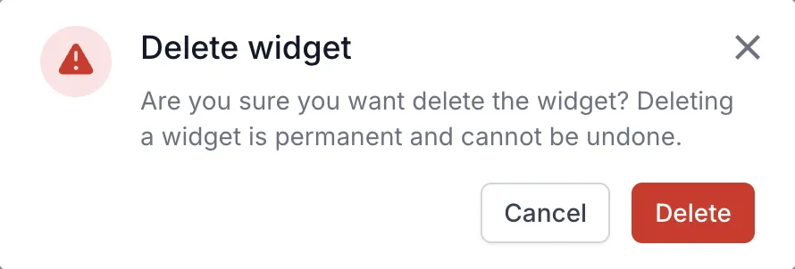 The Delete widget dialog warning that deleting a widget is permanent, with Cancel and Delete buttons.